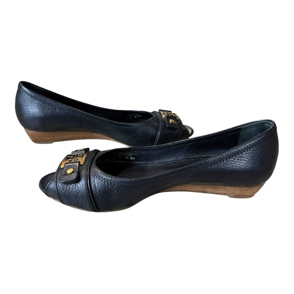 Tory Burch Black Leather Peep Toe Low Cork Wedges Size 8M - Picture 5 of 11